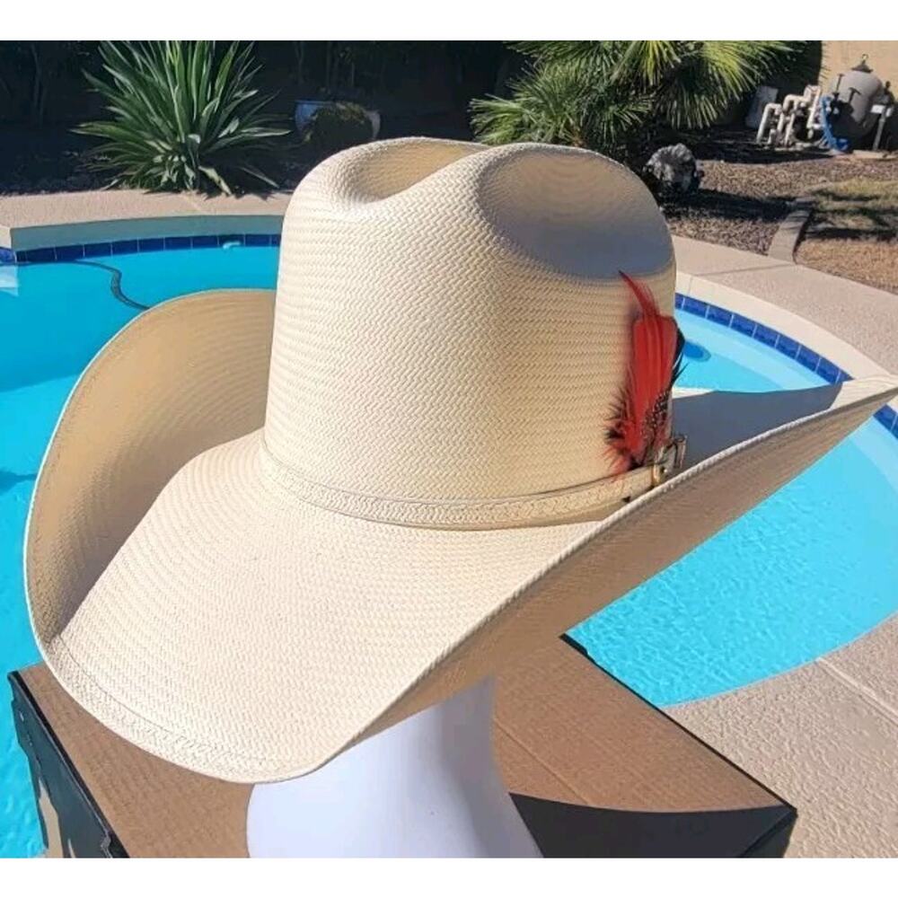 Vintage Stetson 15X Straw Cowboy Hat Sz 7 Mint w/ Box & Feathers USA